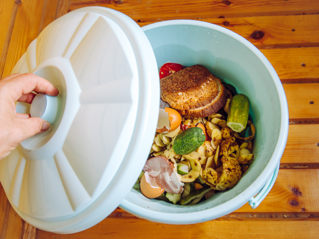 organic waste bin with lid. Food in the bin. Someone's hand opening the bin.